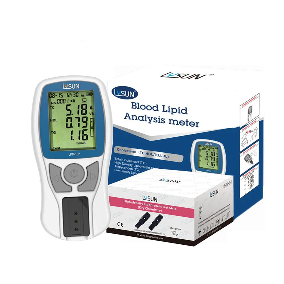Lysun LPM-102 Medidor de análisis de lípidos en sangre Colesterol total Triglicéridos Tira reactiva de lipoproteínas de alta densidad